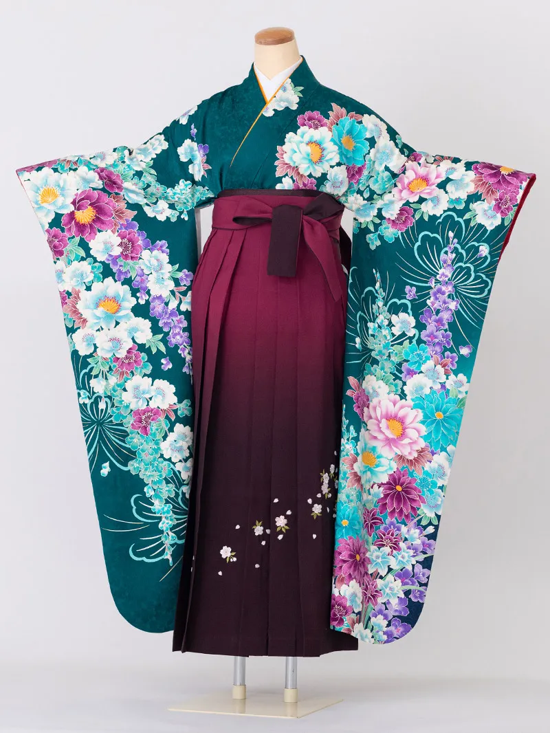レンタル 卒業袴 二尺袖 0011青緑地に牡丹×えんじボカシ刺繍袴