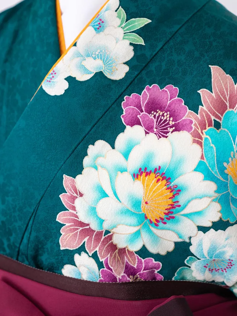 レンタル 卒業袴 二尺袖 0011青緑地に牡丹×えんじボカシ刺繍袴