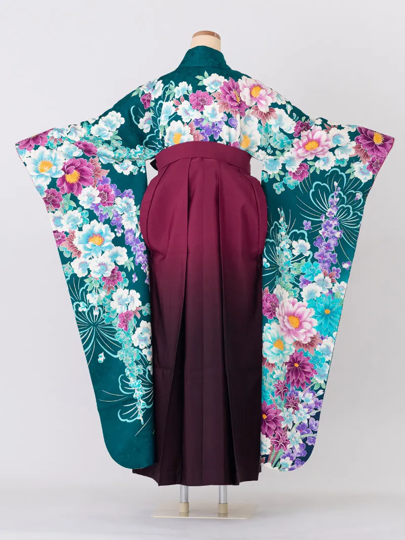 レンタル 卒業袴 二尺袖 0011青緑地に牡丹×えんじボカシ刺繍袴