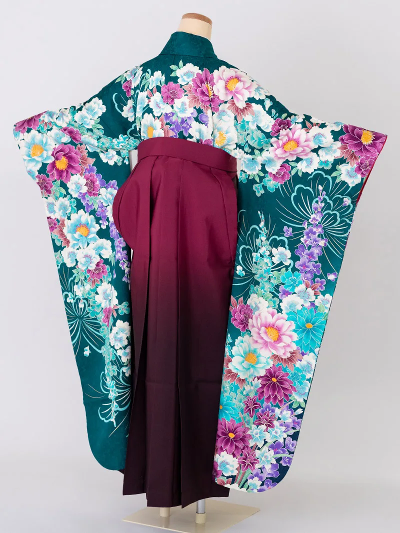 レンタル 卒業袴 二尺袖 0011青緑地に牡丹×えんじボカシ刺繍袴
