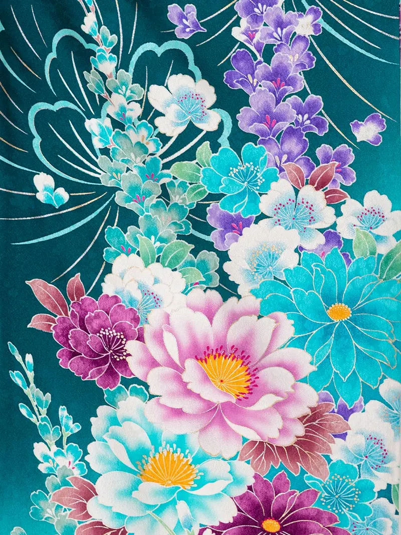 レンタル 卒業袴 二尺袖 0011青緑地に牡丹×えんじボカシ刺繍袴