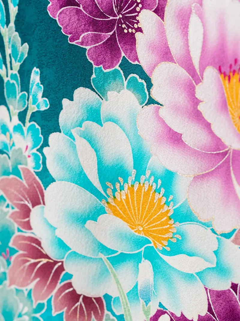 レンタル 卒業袴 二尺袖 0011青緑地に牡丹×えんじボカシ刺繍袴