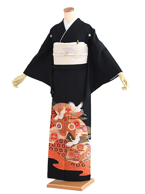 黒留袖015黒/鶴・扇面
