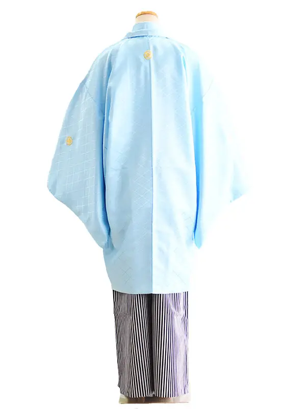 卒業式成人式男性用袴026　8号水色|黒×グレー/縞