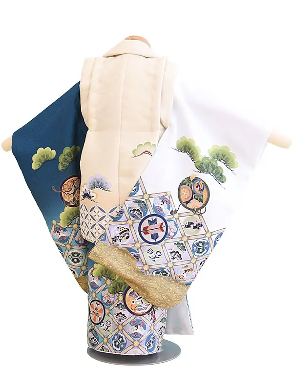 七五三(3歳男被布)040青緑・白・ベージュ/たか・松