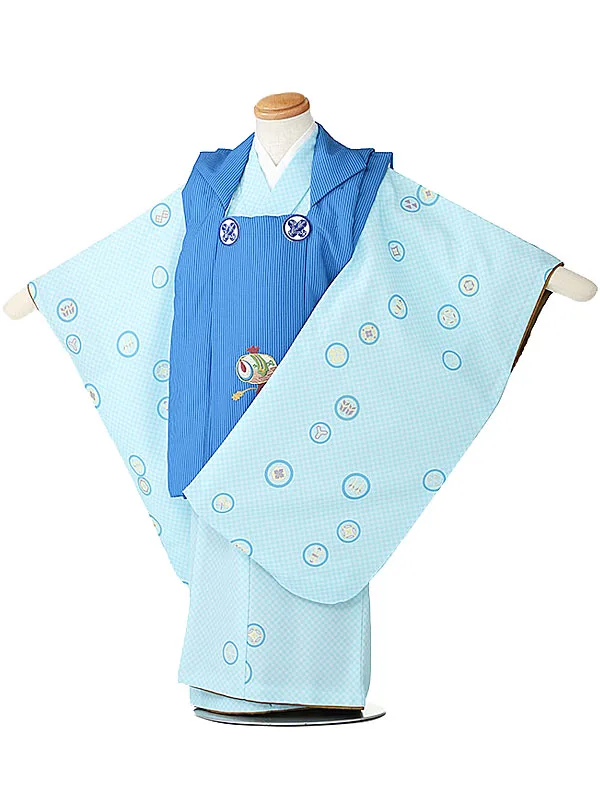 七五三(3歳男被布)B304水色・青/格子・紋柄