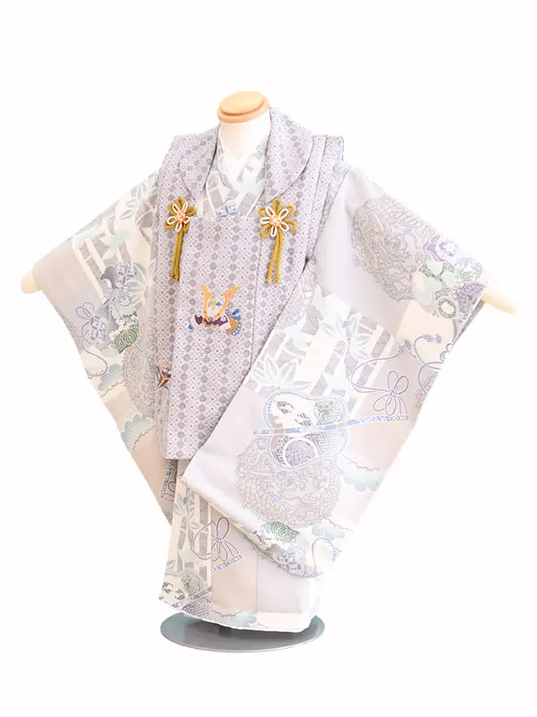 七五三(3歳男被布)C479グレー/龍・こづち・軍配