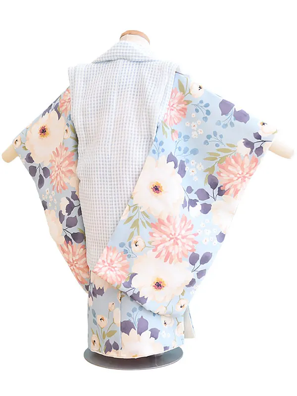 七五三3歳182水色/花・チェック