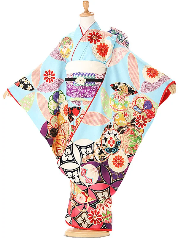 七五三7歳B709水色/ねじり梅・まり・七宝