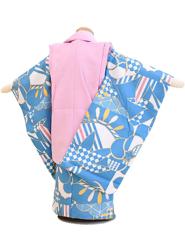 七五三3歳D335水色・ピンク/松竹梅・幾何学模様　花わらべ