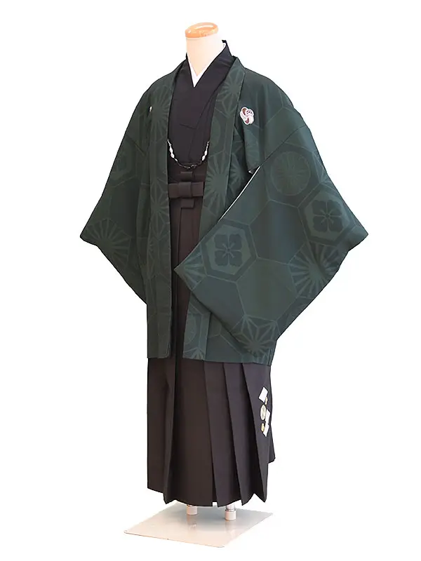 ジュニア袴男047緑・黒/亀甲|モスグリーン/刺繍