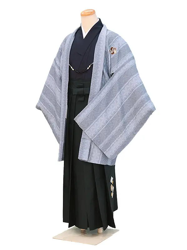 ジュニア袴男049ブルーグレー・紺/縞柄|深緑/刺繍