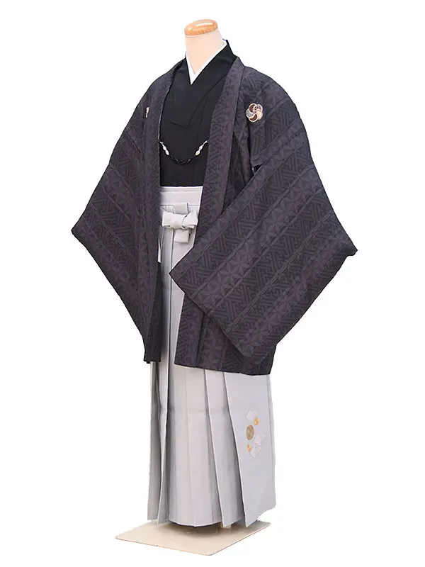 ジュニア袴男050こげ茶・黒/縞柄|グレー/刺繍