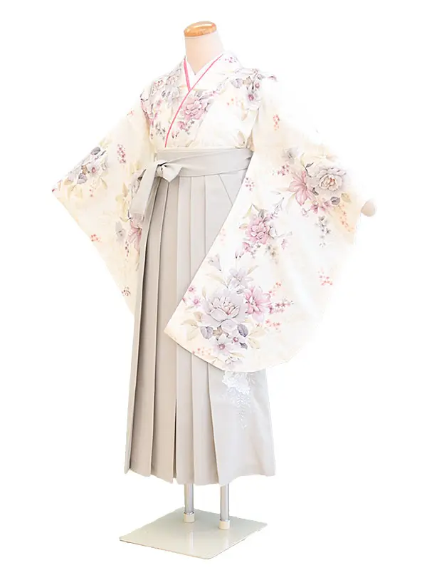 かんたん着付けジュニア袴女032クリーム/花|ベージュ/刺繍