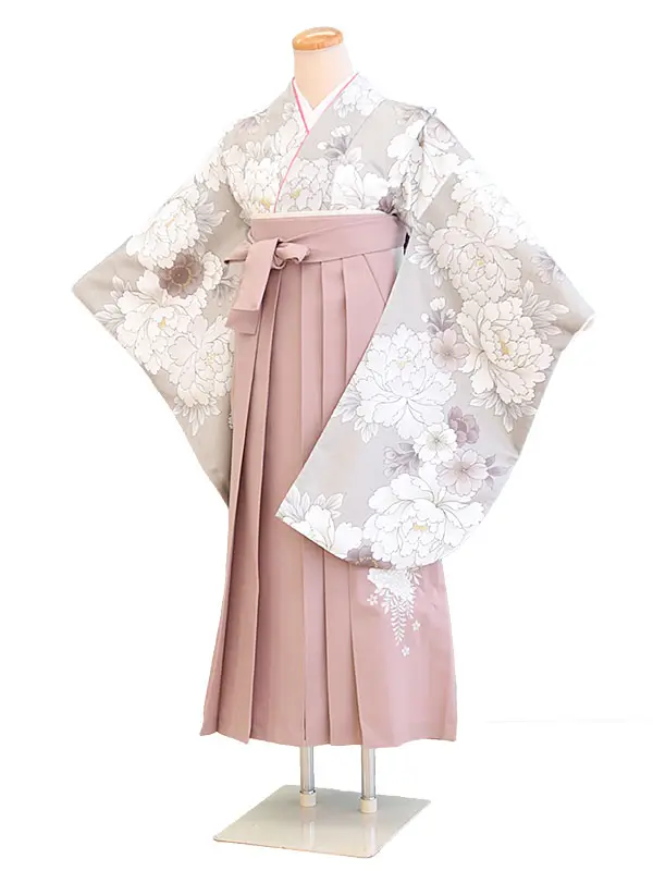かんたん着付けジュニア袴女033ベージュ/花|くすみピンク/刺繍