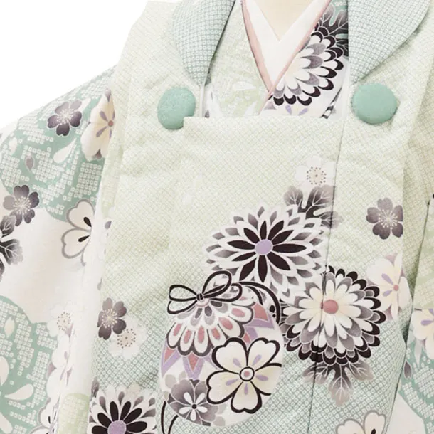 RENCA(2歳女児被布)2006ミントグリーンぼかし 鈴x生成 ねじり梅に菊