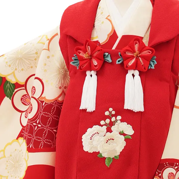 RENCA(3歳女児被布)3014赤 椿xクリーム 赤扇面に桜