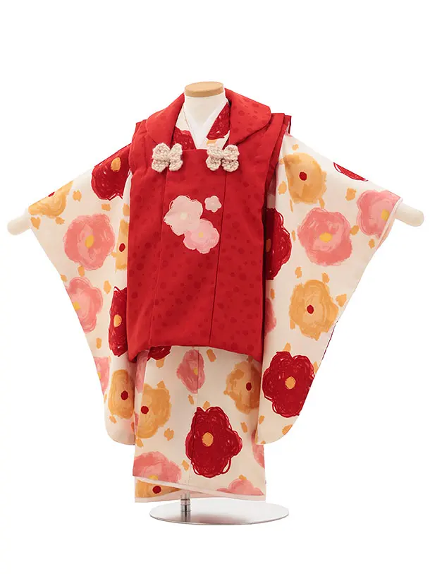 RENCA(3歳女児被布)3018赤×アイボリーに赤からし花