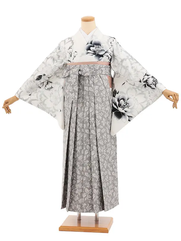 先生,教員向け袴レンタル A321 白シルバー 雪輪花×グレー袴
