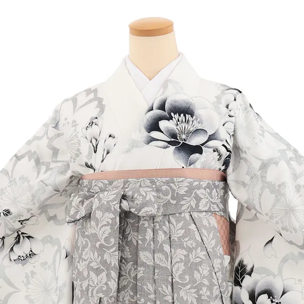 先生,教員向け袴レンタル A321 白シルバー 雪輪花×グレー袴