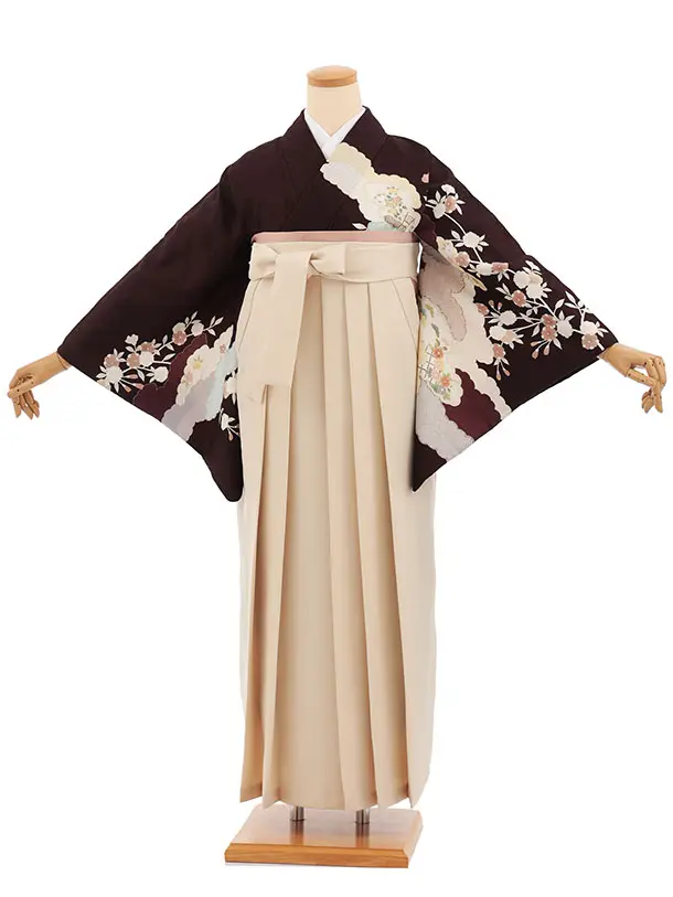 先生,教員向け袴レンタル A322 茶色 雲取り 花×ベージュ袴