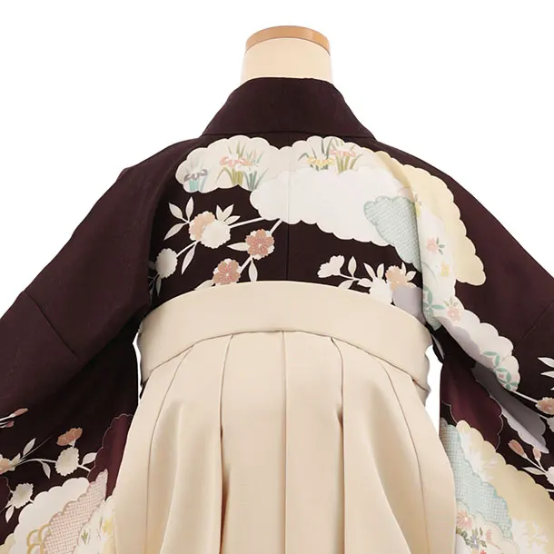 先生,教員向け袴レンタル A322 茶色 雲取り 花×ベージュ袴