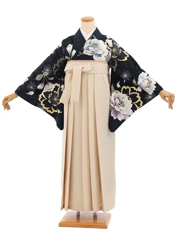 先生,教員向け袴レンタル A323 濃紺ぼかし雪輪花×ベージュ袴