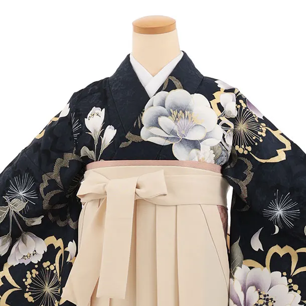 先生,教員向け袴レンタル A323 濃紺ぼかし雪輪花×ベージュ袴
