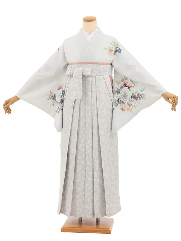 先生,教員向け袴レンタル A324 薄グレー花×ライトグレー袴