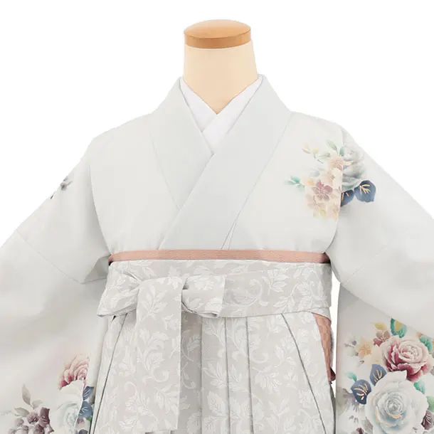 先生,教員向け袴レンタル A324 薄グレー花×ライトグレー袴