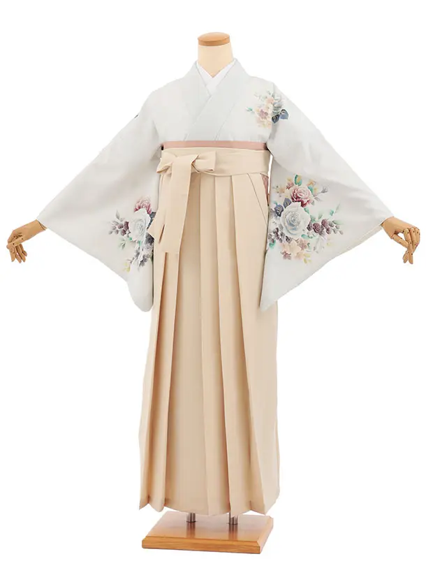 先生,教員向け袴レンタル A325 薄グレー 花×ベージュ袴