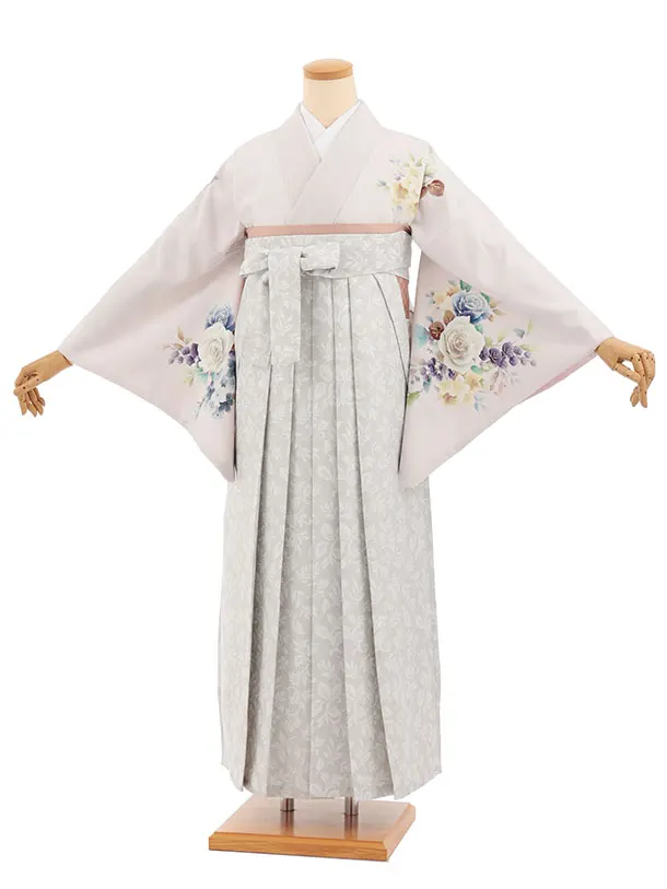 先生,教員向け袴レンタル A326 薄ピンク花×ライトグレー袴