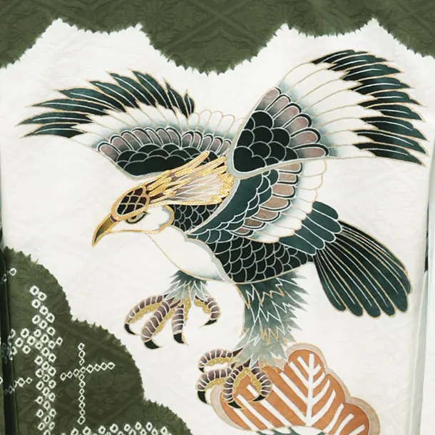 【高級正絹】男児産着 お宮参り 0152  抹茶色 松雲と鷹