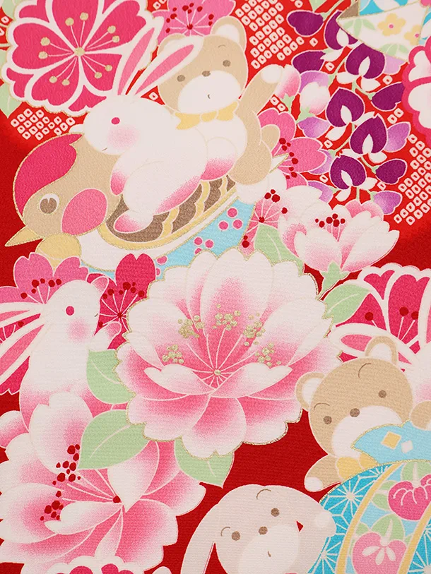 女児産着 お宮参り 0026 JAPANSTYLE赤地うさぎさんくまさん