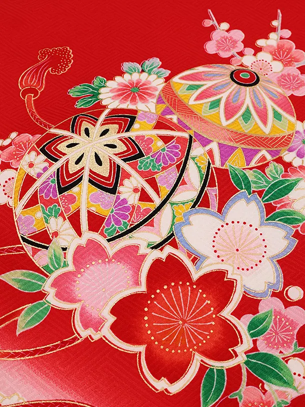 女児産着 【正絹】お宮参り 0108 赤地 鞠 鈴 さくら ぼたん