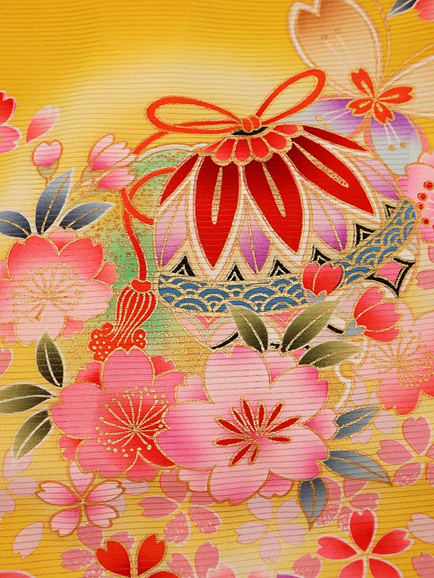 【夏用】 【正絹 絽】女児産着 0127  黄色 鈴 桜