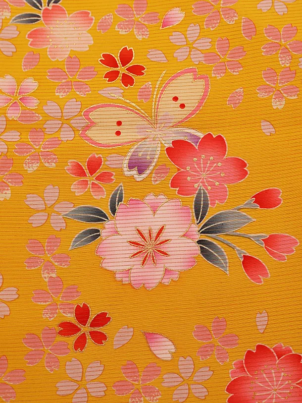 【夏用】 【正絹 絽】女児産着 0127  黄色 鈴 桜