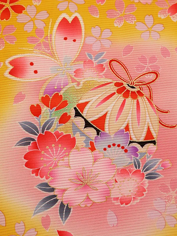 【夏用】 【正絹 絽】女児産着 0127  黄色 鈴 桜