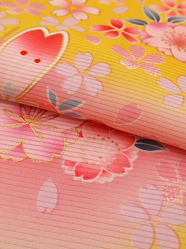 【夏用】 【正絹 絽】女児産着 0127  黄色 鈴 桜