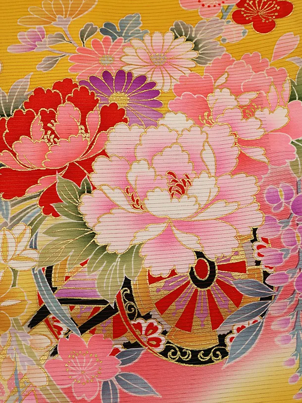 【夏用】 【正絹 絽】女児産着 0128  黄色 花ぐるま 桜　