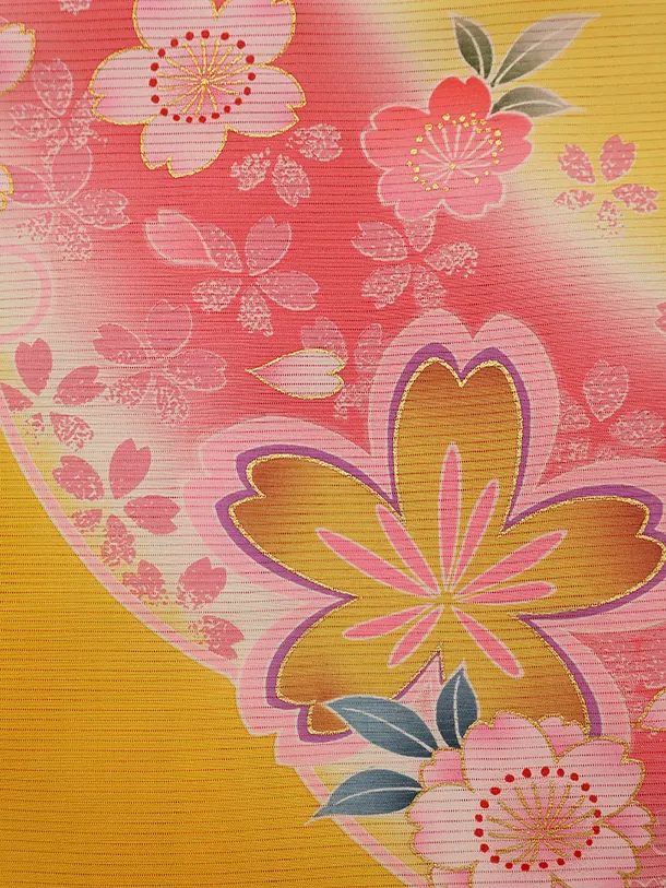 【夏用】 【正絹 絽】女児産着 0128  黄色 花ぐるま 桜　