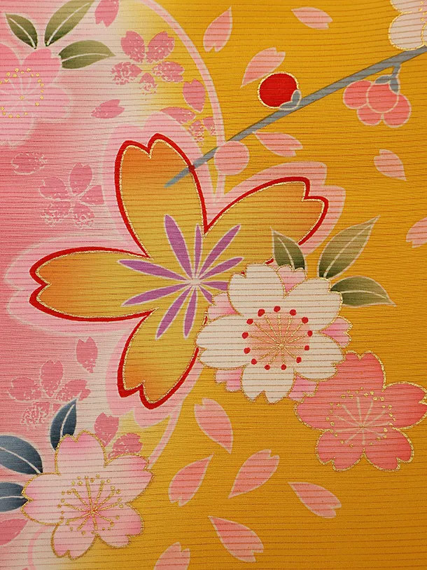 【夏用】 【正絹 絽】女児産着 0128  黄色 花ぐるま 桜　