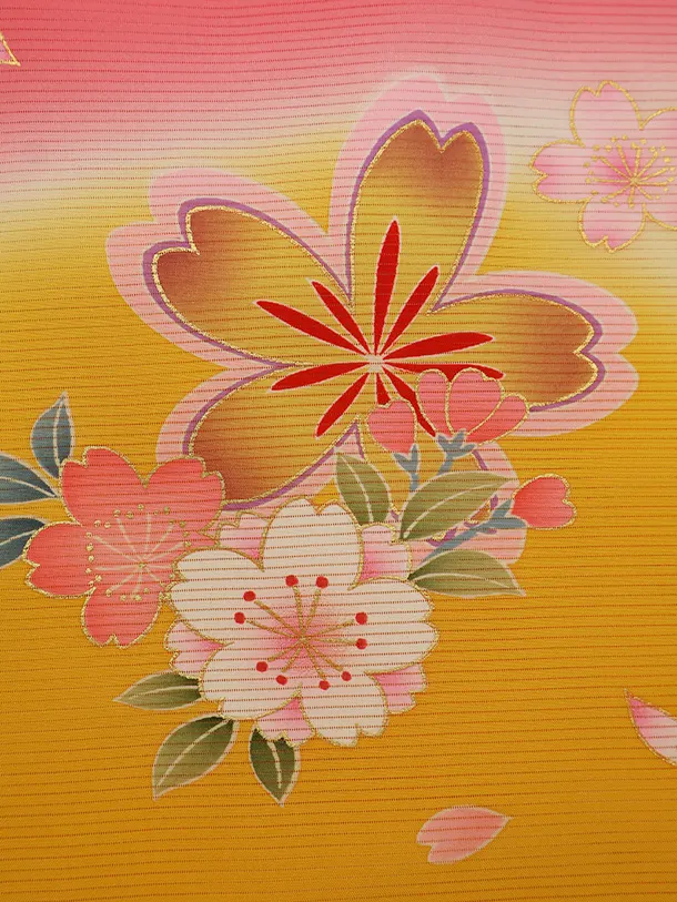 【夏用】 【正絹 絽】女児産着 0128  黄色 花ぐるま 桜　