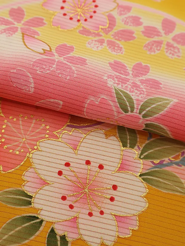 【夏用】 【正絹 絽】女児産着 0128  黄色 花ぐるま 桜　