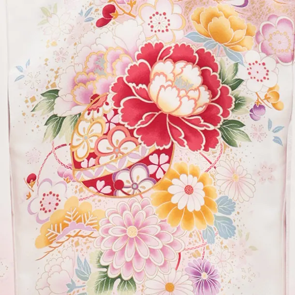 女児産着 お宮参り 0150 白地ピンク 牡丹 鈴