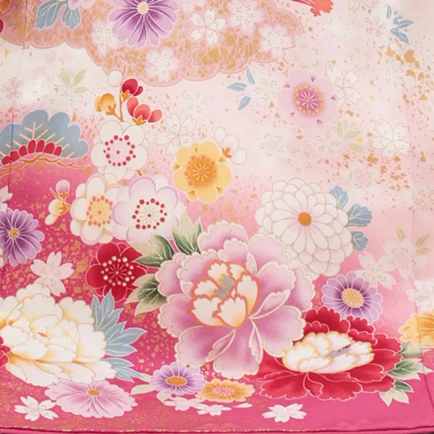 女児産着 お宮参り 0150 白地ピンク 牡丹 鈴