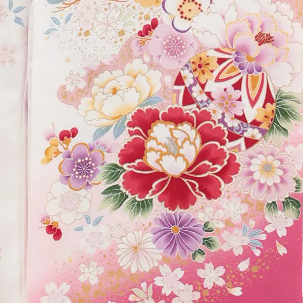 女児産着 お宮参り 0150 白地ピンク 牡丹 鈴