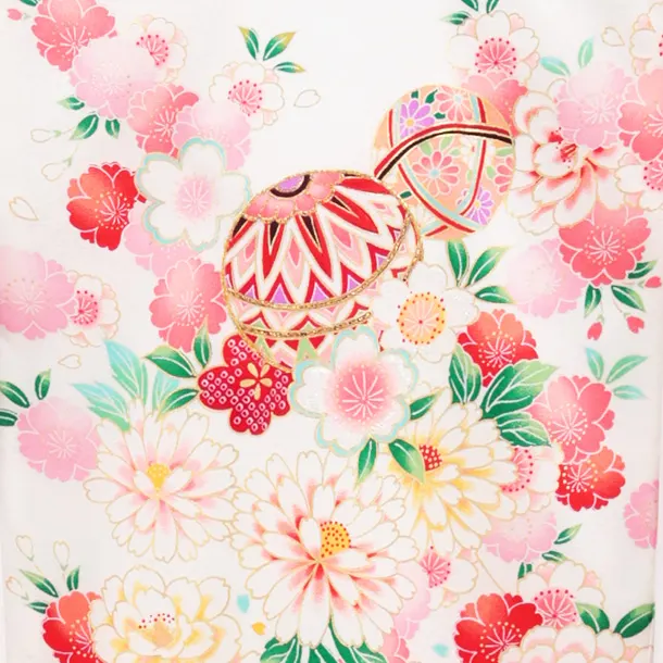 【正絹 】女児産着 お宮参り 0153 白地裾オレンジ 鞠 刺繍 牡丹 桜