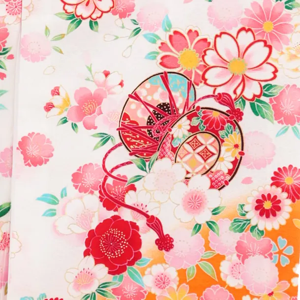 【正絹 】女児産着 お宮参り 0153 白地裾オレンジ 鞠 刺繍 牡丹 桜