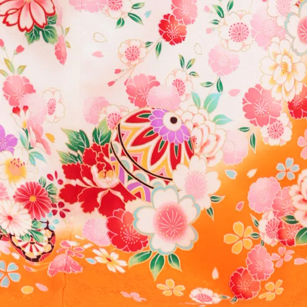 【正絹 】女児産着 お宮参り 0153 白地裾オレンジ 鞠 刺繍 牡丹 桜